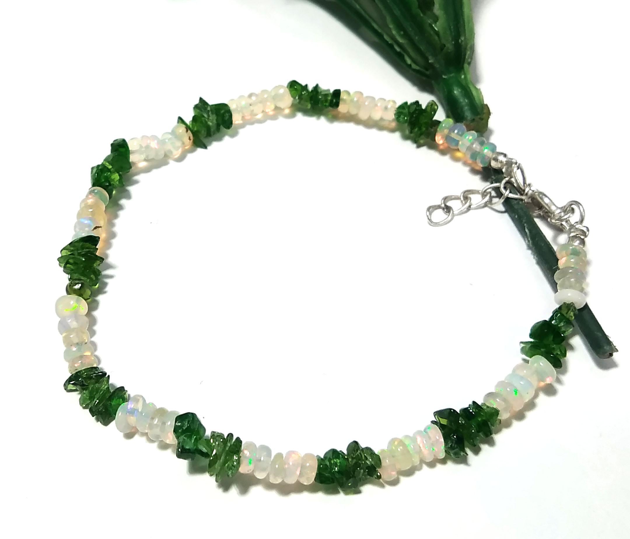 Natural Ethiopian Opal & Green Garnet Bracelet, Flashy Opal Gemstone Bracelet, December Birthstone Gift, Handmade Opal Jewelry, Gift For Her